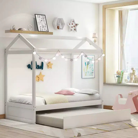 Letto per Bambini a Casetta con Letto Estraibile, Letto Basso Salvaspazio