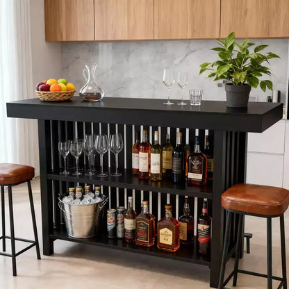 63 Large Home Bar Unit, 2-Tier Kitchen Island Mini Bar Height Pub Table with Footrest, Modern Coffee Pub Table for Dining Room, Bistro, Living Room