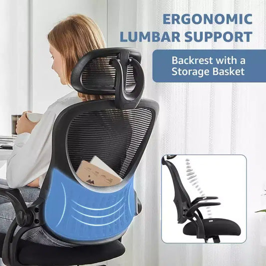 Sedia da ufficio ergonomica con schienale alto in rete, poggiatesta regolabile e braccioli ribaltabili