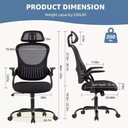Sedia da ufficio ergonomica con schienale alto in rete, poggiatesta regolabile e braccioli ribaltabili