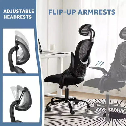 Sedia da ufficio ergonomica con schienale alto in rete, poggiatesta regolabile e braccioli ribaltabili