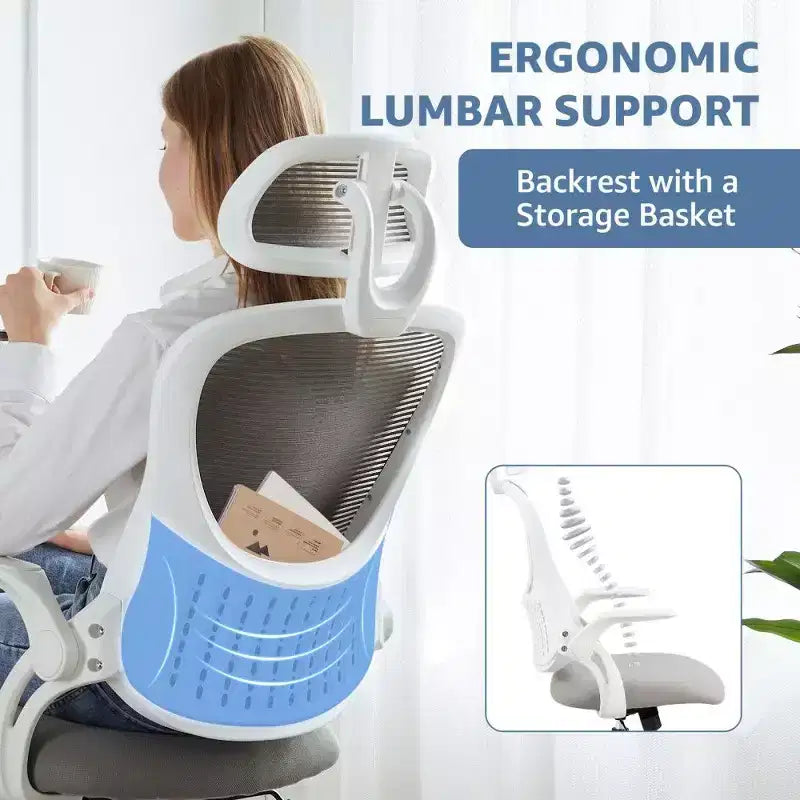 Sedia da ufficio ergonomica con schienale alto in rete, poggiatesta regolabile e braccioli ribaltabili
