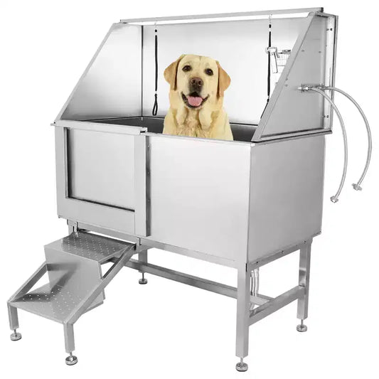 Dog Bath Tub, 50 Inch Stainless Steel Dog Washing Station - Pet Grooming Tub with Stairs Faucet Showerhead Soap Holder Left Door