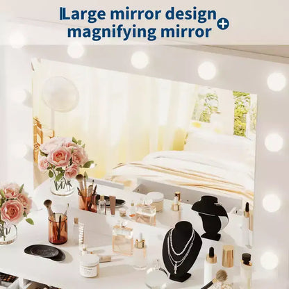 Toeletta da trucco da 55" con specchio e luci, grande tavolo da trucco in legno con 7 cassetti e armadietto, moderno tavolo da trucco per la camera da letto
