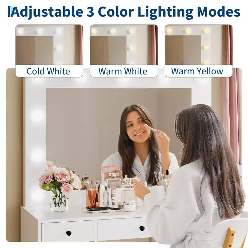 Toeletta da trucco da 55" con specchio e luci, grande tavolo da trucco in legno con 7 cassetti e armadietto, moderno tavolo da trucco per la camera da letto