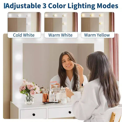 Toeletta da trucco da 55" con specchio e luci, grande tavolo da trucco in legno con 7 cassetti e armadietto, moderno tavolo da trucco per la camera da letto