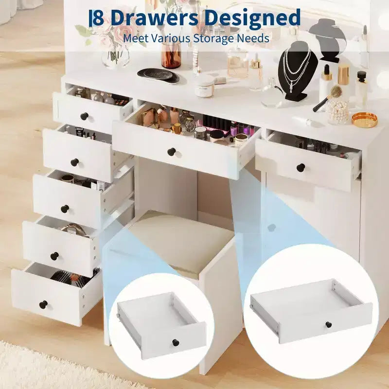Toeletta da trucco da 55" con specchio e luci, grande tavolo da trucco in legno con 7 cassetti e armadietto, moderno tavolo da trucco per la camera da letto
