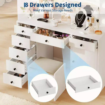 Toeletta da trucco da 55" con specchio e luci, grande tavolo da trucco in legno con 7 cassetti e armadietto, moderno tavolo da trucco per la camera da letto