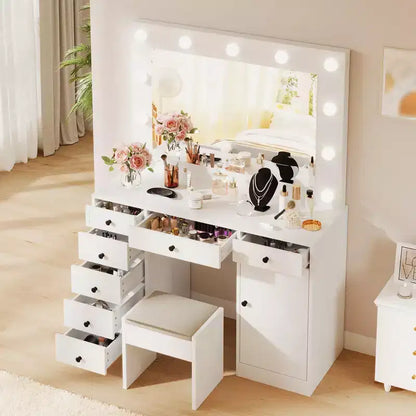 Toeletta da trucco da 55" con specchio e luci, grande tavolo da trucco in legno con 7 cassetti e armadietto, moderno tavolo da trucco per la camera da letto