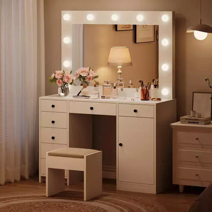 Toeletta da trucco da 55" con specchio e luci, grande tavolo da trucco in legno con 7 cassetti e armadietto, moderno tavolo da trucco per la camera da letto