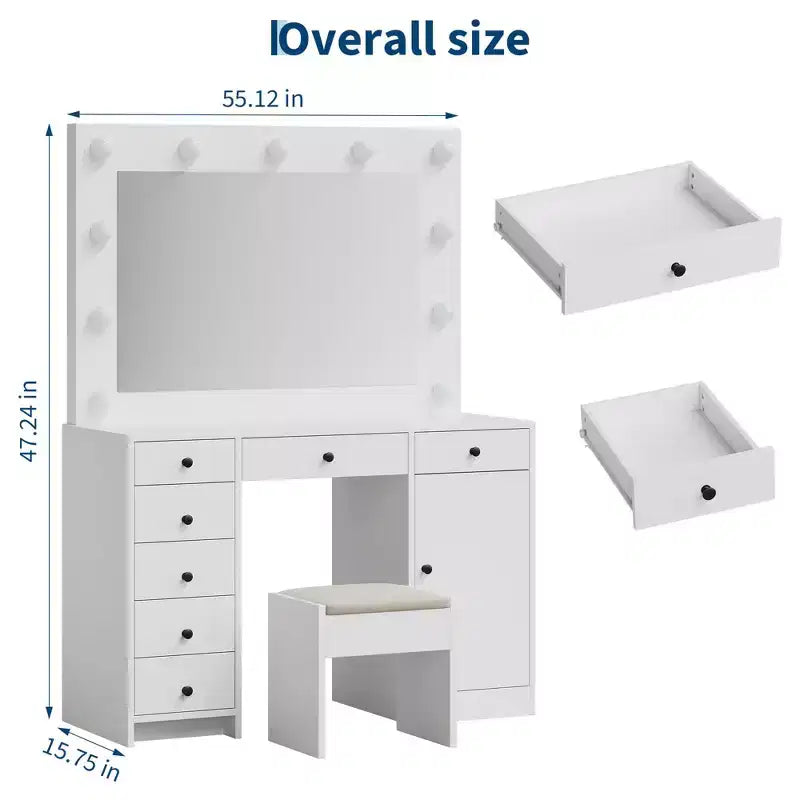 Toeletta da trucco da 55" con specchio e luci, grande tavolo da trucco in legno con 7 cassetti e armadietto, moderno tavolo da trucco per la camera da letto