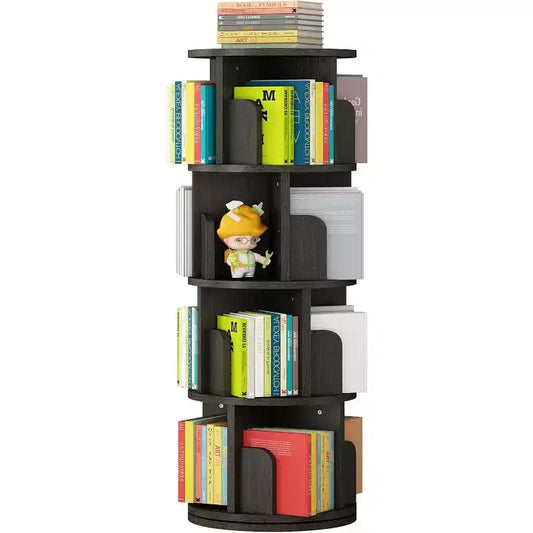4 Tier Rotating Bookshelf Tower, 360 Spinning Narrow Bookcase for Small Spaces, Corner Organizer with Wood Tone Finish for Bedroom & Living Room