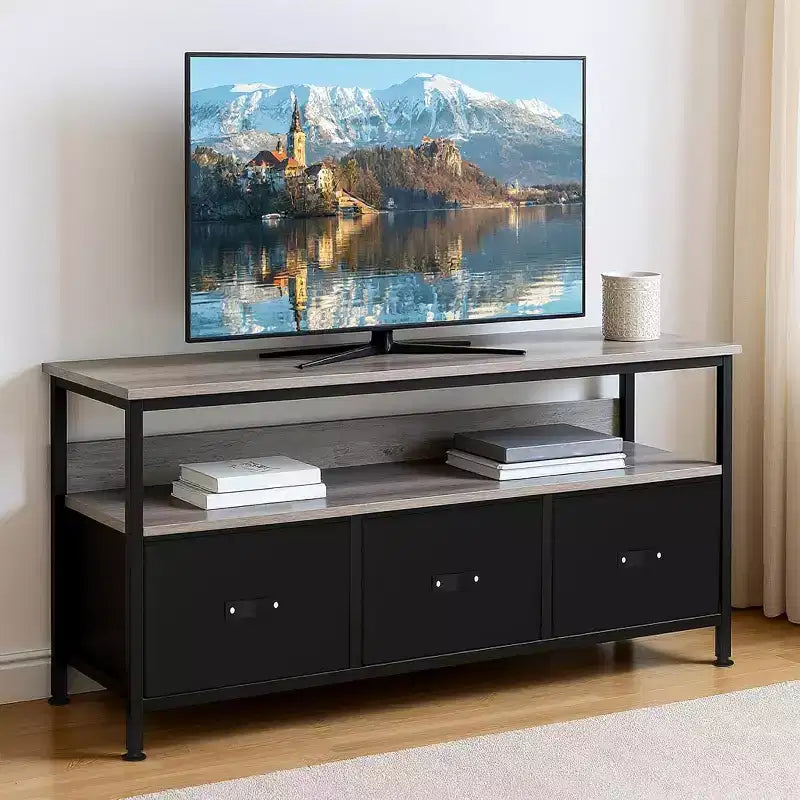 TV Stand with 3 Fabric Drawers, TV Cabinet for 55 Inch TV, Modern Living Room Storage TV Stand, Entertainment Center with Open Space for Living Room
