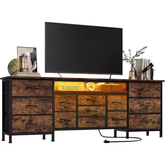 70 Inch Long Dresser TV Stand for 65, 75, 80 Inch TV, Fabric Drawers Dresser & Power Outlets and LED Lights, Large Entertainment Center for Bedroom