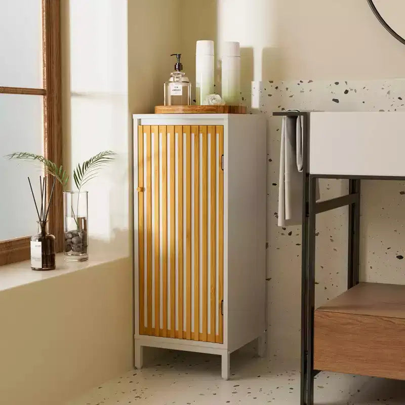 MAYEERTY Living Room Side Cabinet, Bamboo Slats Door, Living Room Use, Natural White