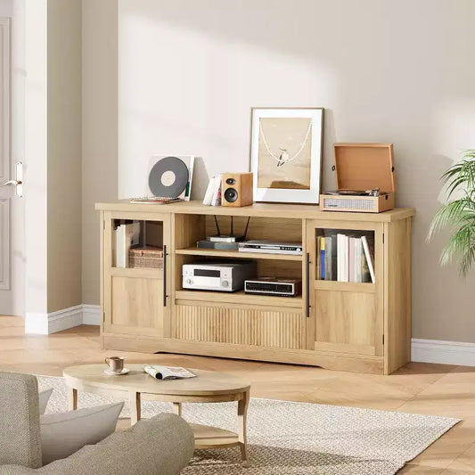63 in Farmhouse TV Stand for TVs Up to 72 in, Wave Pattern Entertainment Center with 2 Glass Door Cabinets & 2 Open Shelves, for Living Room