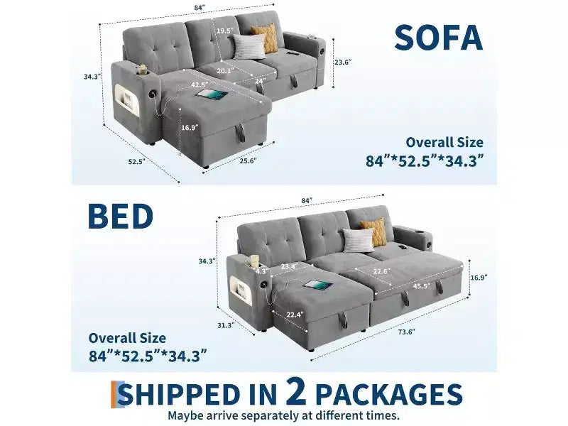 Divano letto componibile convertibile in velluto da 84'' con letto estraibile e chaise longue