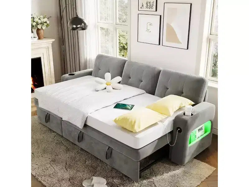 Divano letto componibile convertibile in velluto da 84'' con letto estraibile e chaise longue