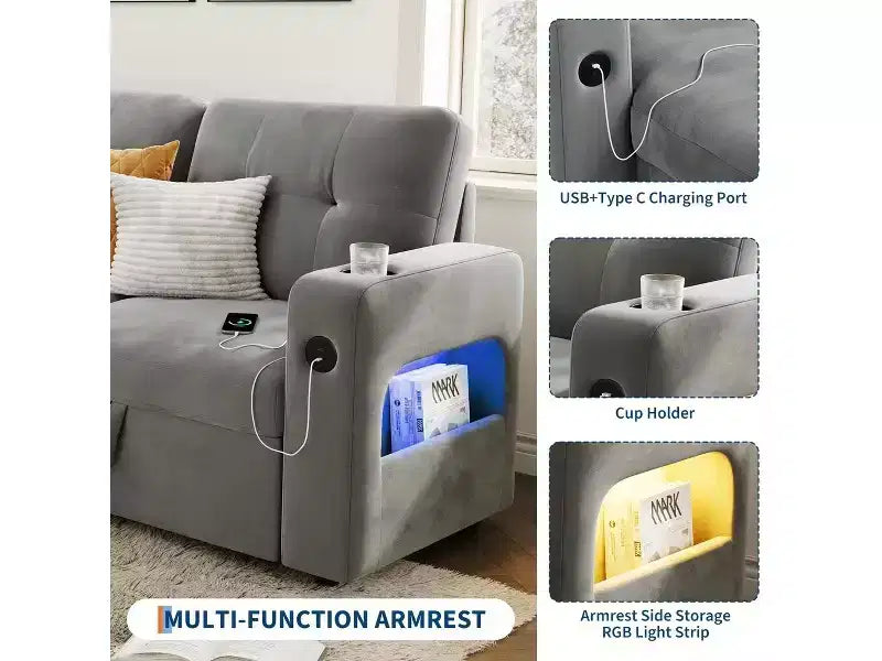 Divano letto componibile convertibile in velluto da 84'' con letto estraibile e chaise longue
