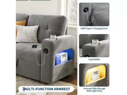 Divano letto componibile convertibile in velluto da 84'' con letto estraibile e chaise longue