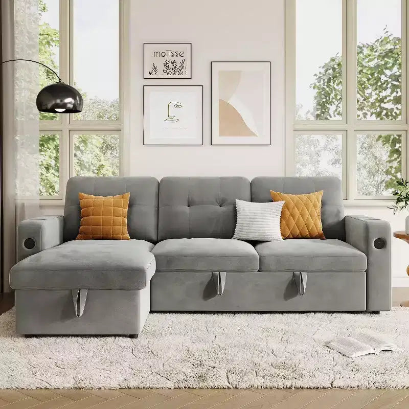 Divano letto componibile convertibile in velluto da 84'' con letto estraibile e chaise longue