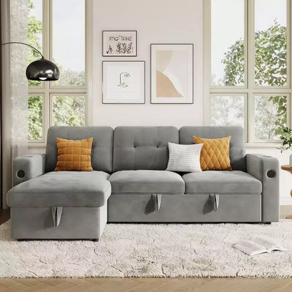 Divano letto componibile convertibile in velluto da 84'' con letto estraibile e chaise longue