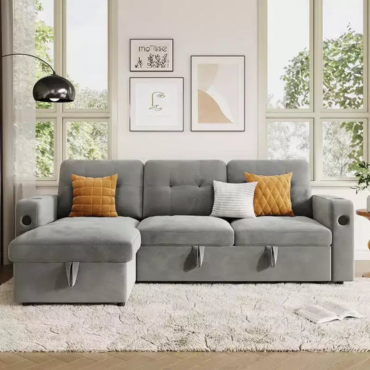 Divano letto componibile convertibile in velluto da 84'' con letto estraibile e chaise longue