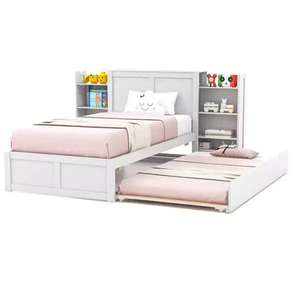 Costway Full/Twin Wooden Platform Bed with Trundle Storage Headboard Pull Out Shelves White