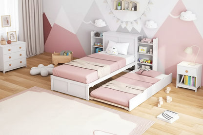Letto a piattaforma in legno full/twin con letto estraibile e librerie nascoste