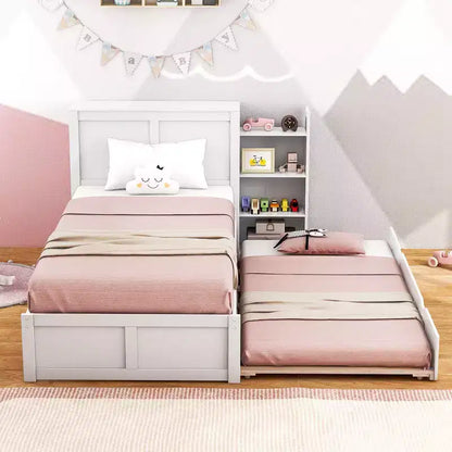 Letto a piattaforma in legno full/twin con letto estraibile e librerie nascoste