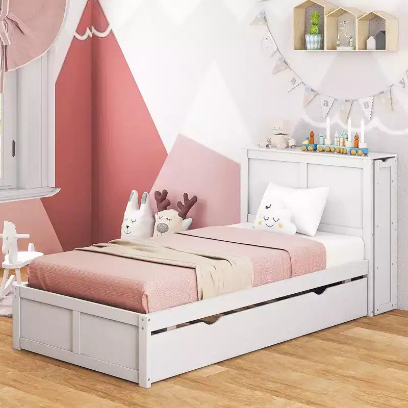 Letto a piattaforma in legno full/twin con letto estraibile e librerie nascoste