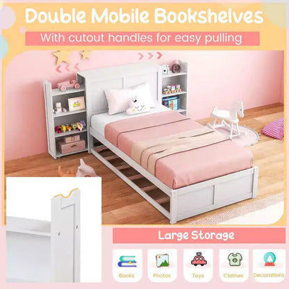 Letto a piattaforma in legno full/twin con letto estraibile e librerie nascoste