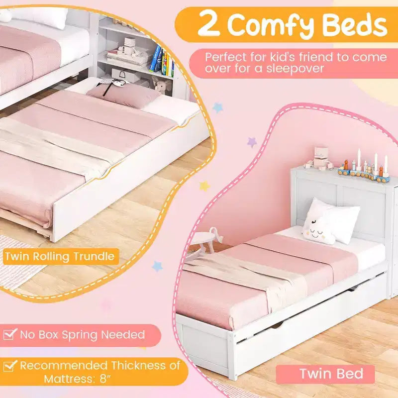 Letto a piattaforma in legno full/twin con letto estraibile e librerie nascoste