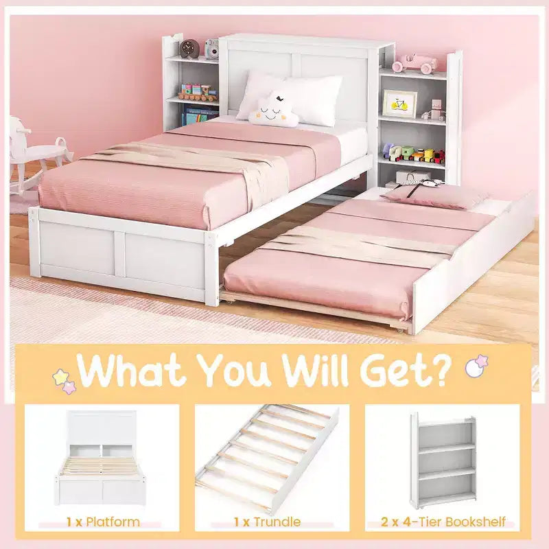 Letto a piattaforma in legno full/twin con letto estraibile e librerie nascoste