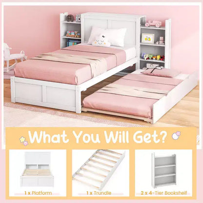 Letto a piattaforma in legno full/twin con letto estraibile e librerie nascoste