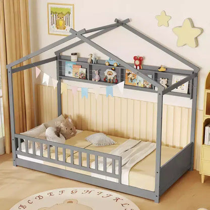 Lettino a capanna Montessori singolo con scaffale portaoggetti a 4 cubi