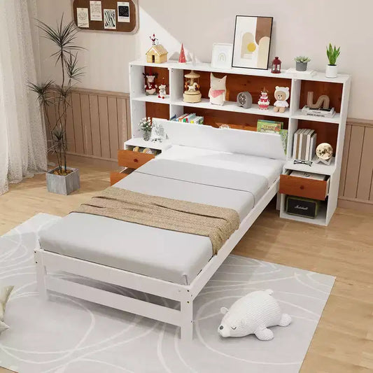 Struttura Letto Singolo con Testiera Contenitore, 7 Scomparti e 3 Cassetti