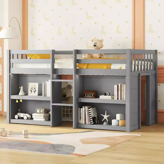 Platform Twin Loft Bed, Full-Length Guardrail, Wood Slat Support, Integrated Ladder, 2 Shelves, LED Light Strip; One Size for Game Room