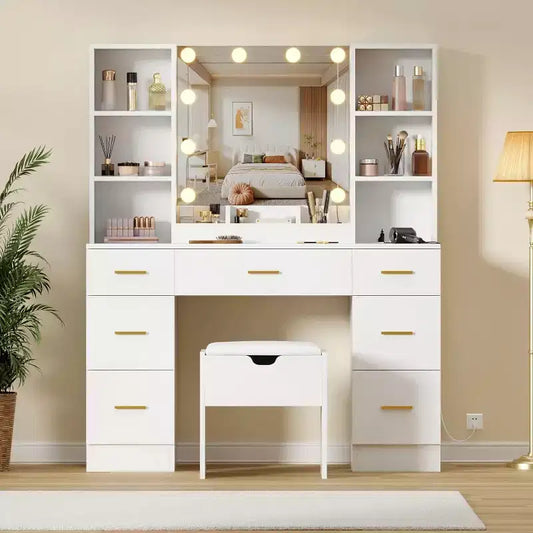 56Makeup Vanity with Power Outlet & Storage Shelves, Bedroom Dressing Table with 7 Drawers for Women & Girls, 3 Lighting Modes