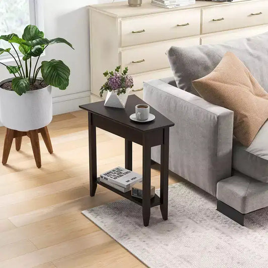 Tavolino stretto a 2 ripiani, design trapezoidale di metà secolo con gambe in legno di gomma