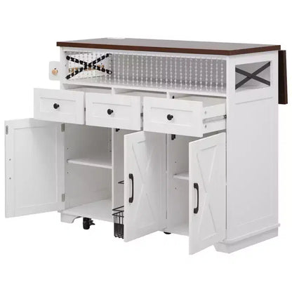 Isola Cucina Rustica con Anta a Ribalta e Ruote, Carrello Contenitore da Cucina con Cassetti e Scaffale in Ferro, Isola Cucina Mobile con Presa di Corrente