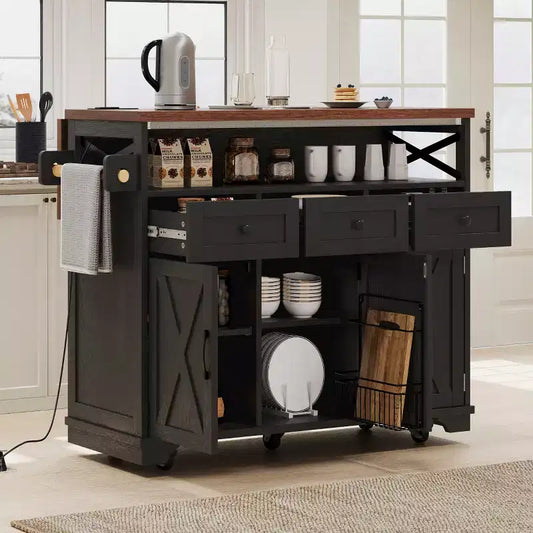 Farmhouse Kitchen Island with Drop Leaf and Wheels, Kitchen Storage Cart with Drawers and Iron Shelf, Rolling Kitchen Island with Power Outlet