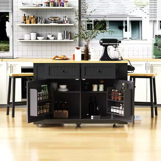 Kitchen Island with 2 Bar Stools, Kitchen Storage Cart on Wheels with Drop Leaf, Rolling Kitchen Island with Drawers and Power Outlet