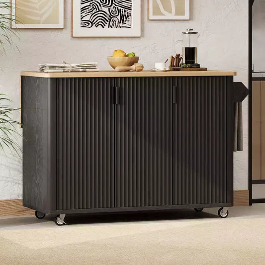Fluted Kitchen Island with Drop Leaf, Farmhouse Kitchen Island on Wheels with Storage Rack, Rolling Kitchen Cart with Towel Rack for Dining Room